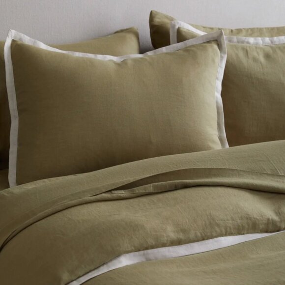 NEW Quince European Linen Contrast Flange Pillow Sham Set 2 Aloe Sand Dust Bag - Picture 2 of 7